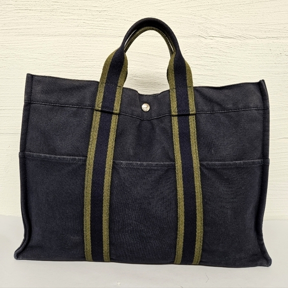 Hermès Fourre Tout GM Canvas and Nylon Tote Bag in Navy and Green Stripe - Picture 1 of 15